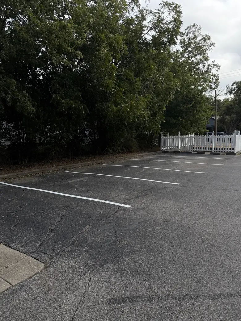 Freshly re-striped parking lot at a Georgetown church, wide view