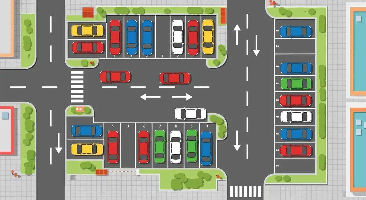 Illustration of a parking lot showing directional arrows, a crosswalk, and marked parking stalls